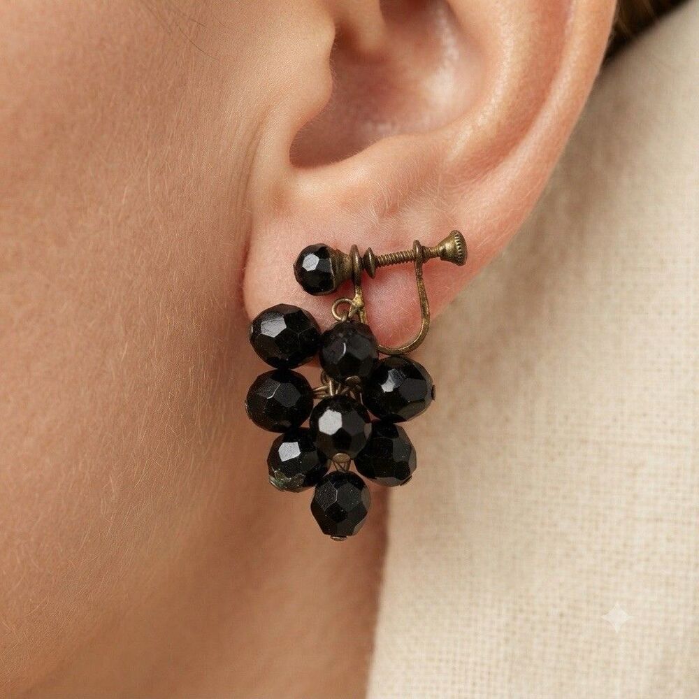 Vintage MCM Black Lucite Bead Cluster Screw Back Earrings + Bonus Collar Clip